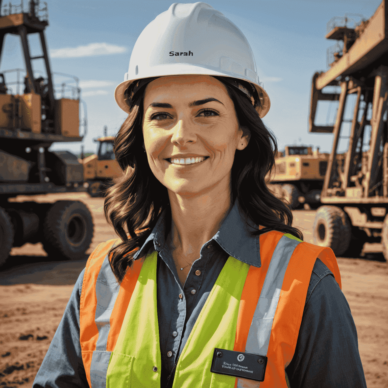 Portrait of Sarah Thompson, an experienced petroleum engineer with short dark hair and a confident smile, wearing a hard hat and safety vest in an oil field setting