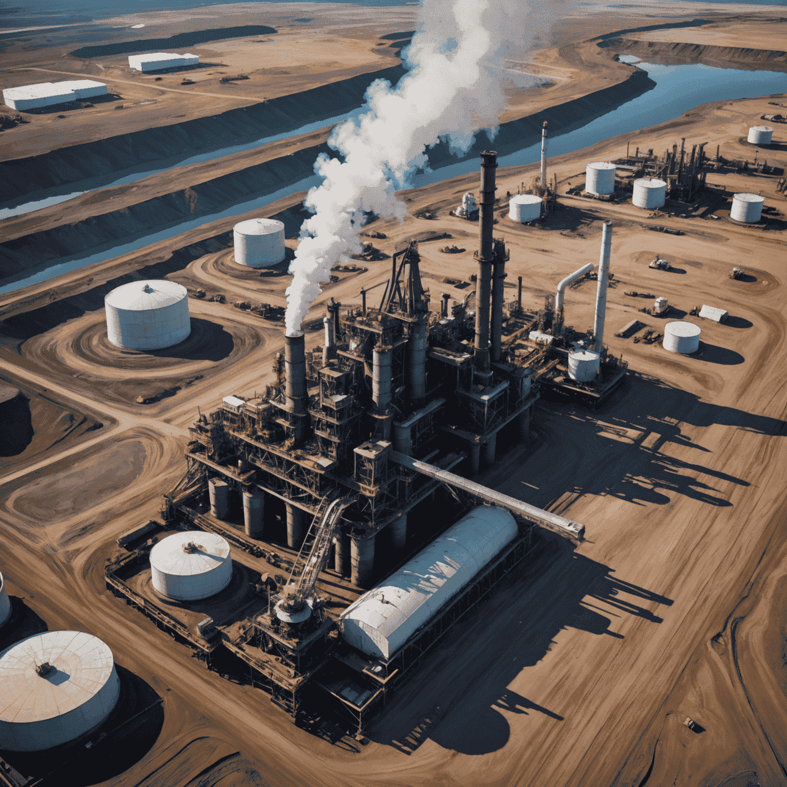 Aerial view of Canadian oil sands with extraction equipment and vast landscape