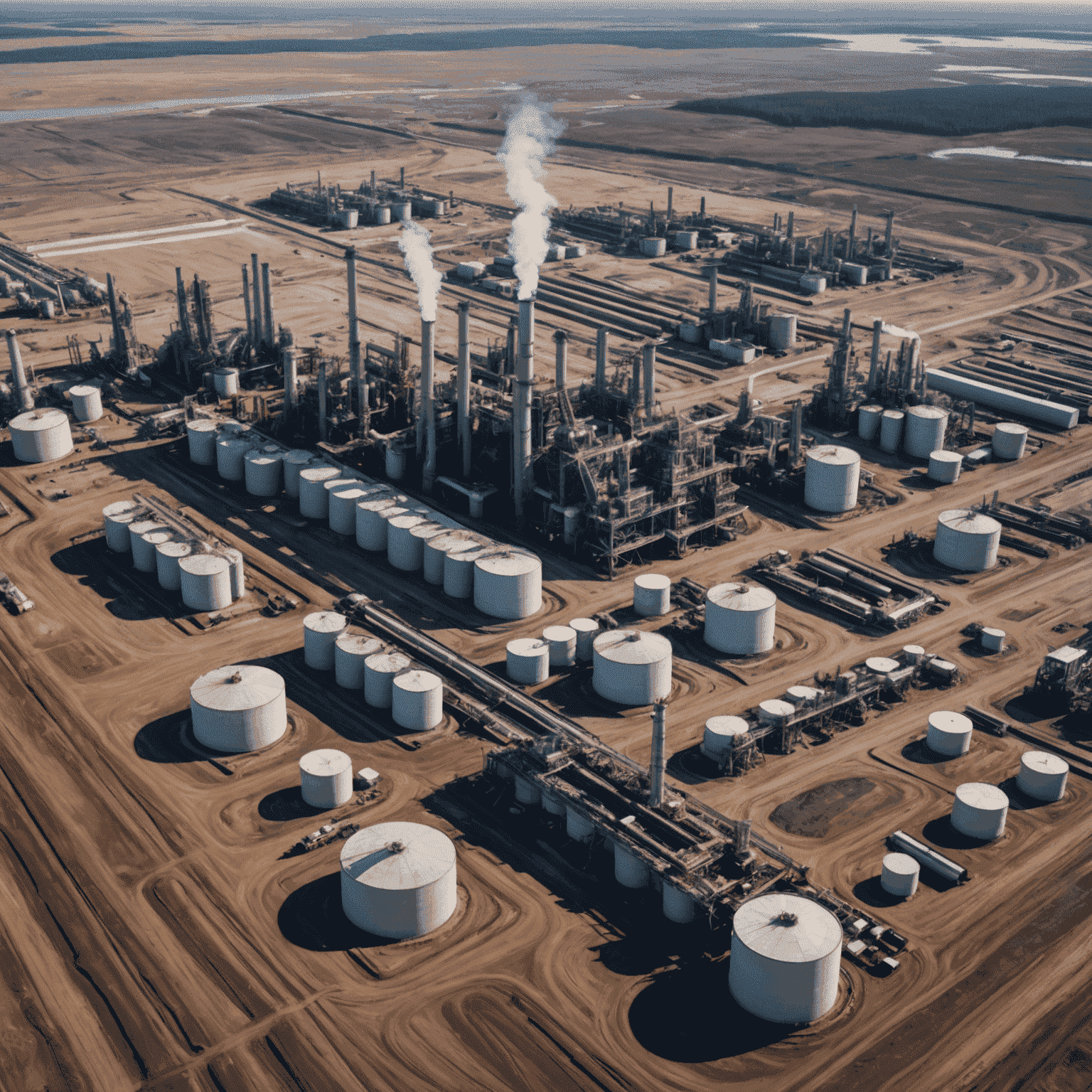 Aerial view of vast Canadian oil sands with extraction equipment and processing facilities