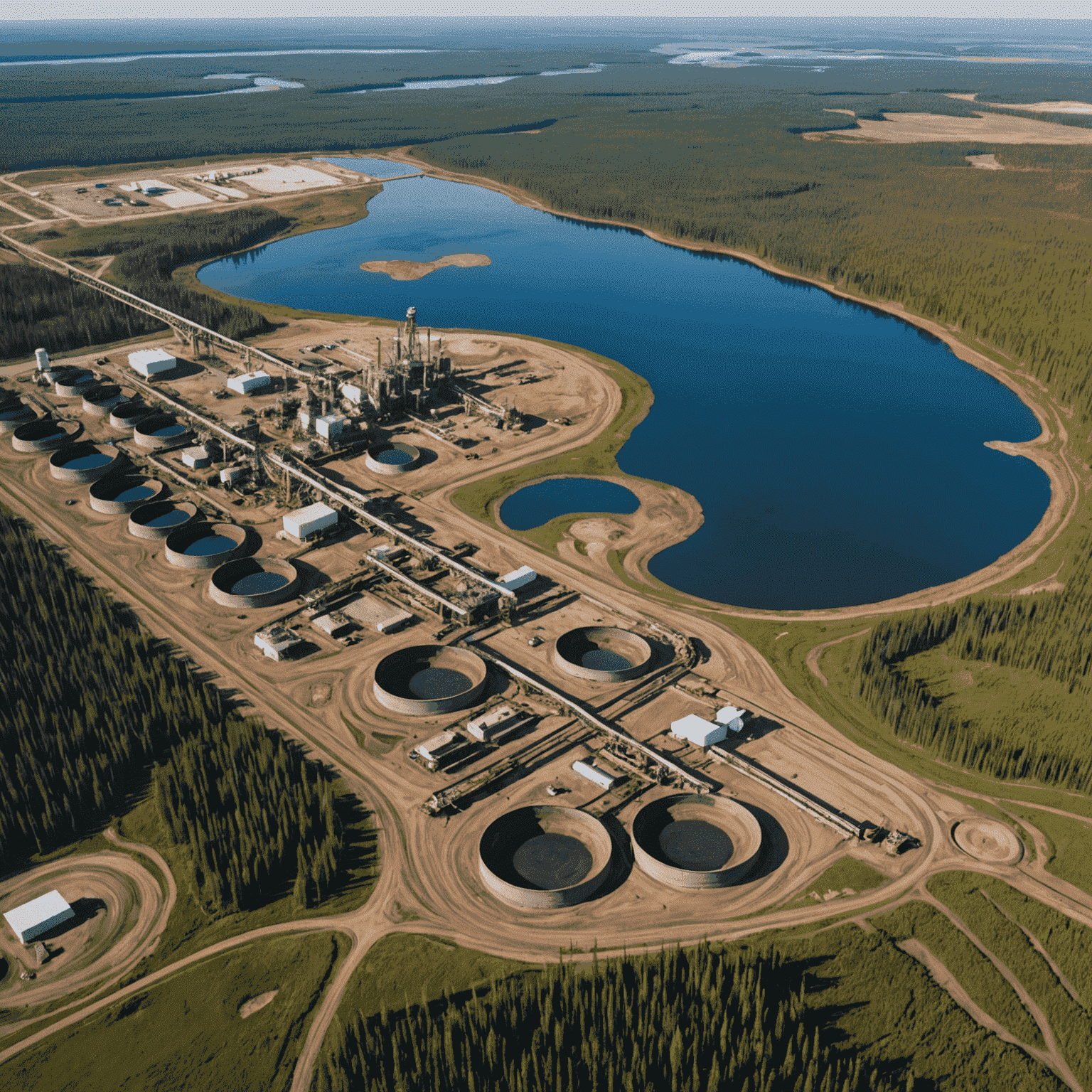 Aerial view of an oil sands extraction site in Alberta, Canada, showing vast open-pit mines, processing facilities, and tailings ponds surrounded by boreal forest