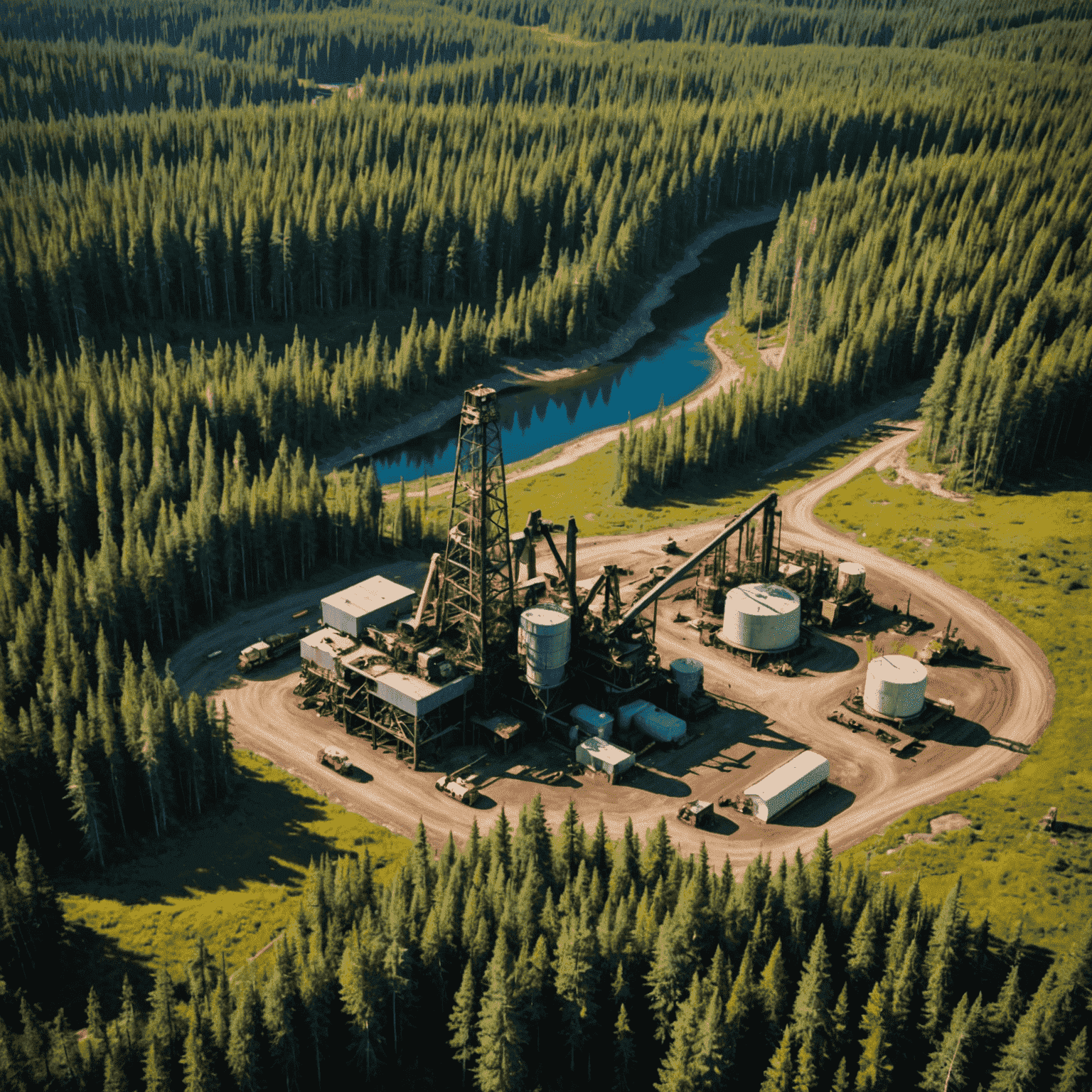 Aerial view of an oil extraction site in the Canadian wilderness, showing the contrast between industrial operations and the surrounding pristine forest