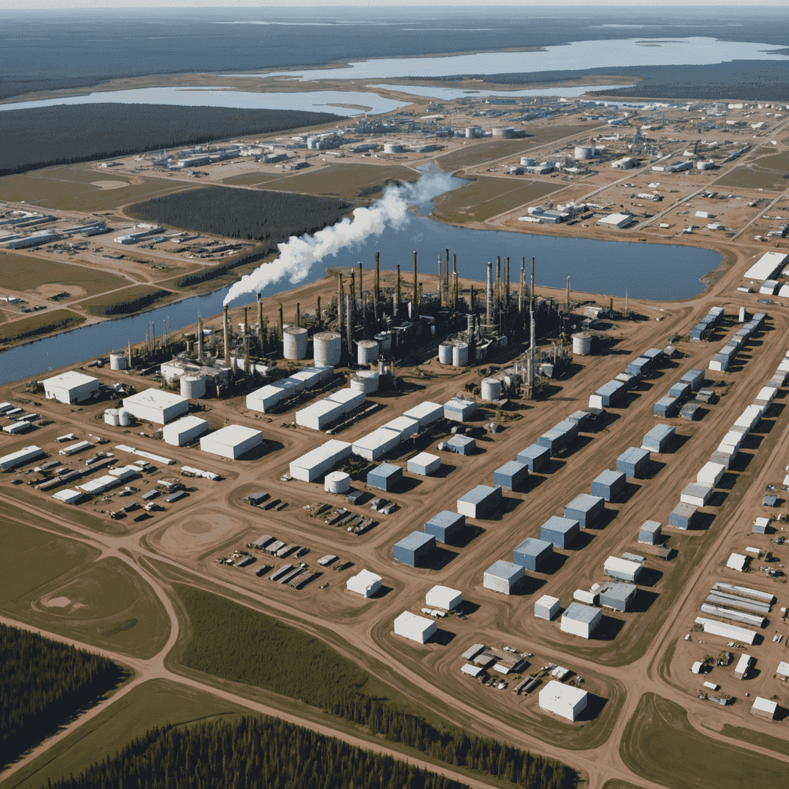 Aerial view of Alberta oil sands with extraction facilities and worker camps, showcasing the vast scale of operations and its impact on the local landscape