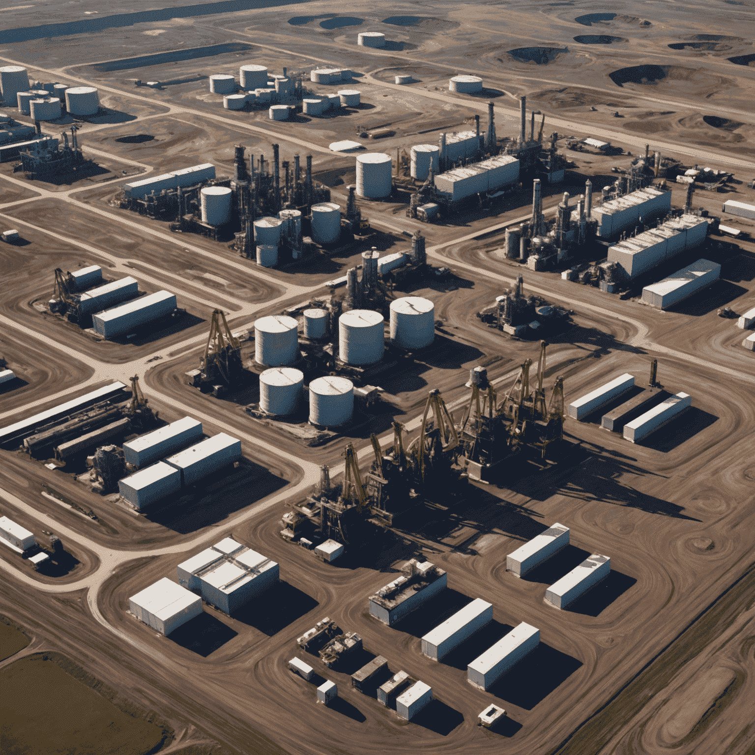 Aerial view of Canadian oil sands operations in Alberta, showing vast extraction sites with heavy machinery and processing facilities