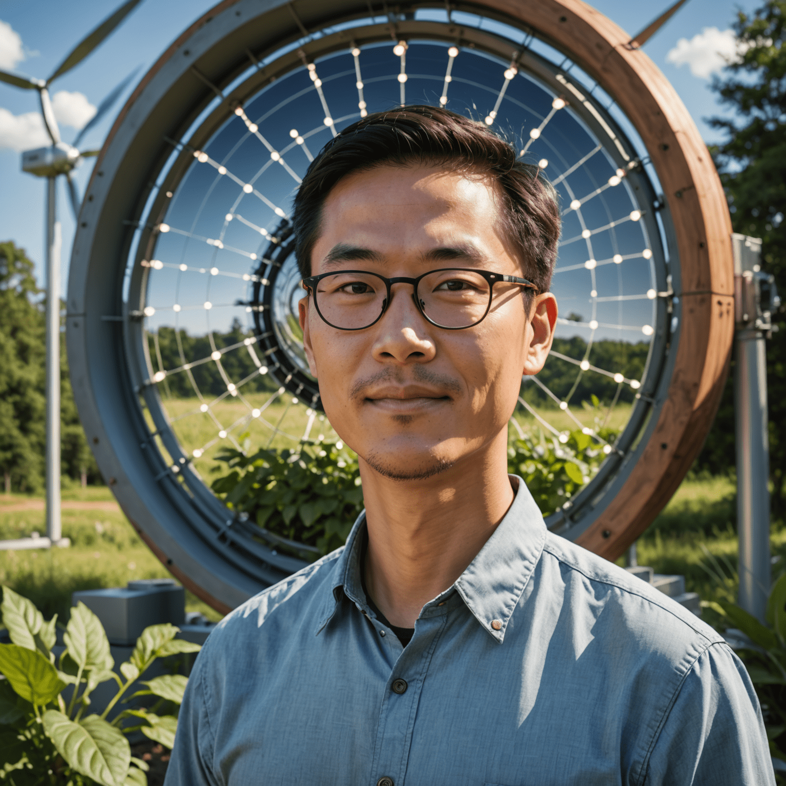 Portrait of Michael Chen, an environmental scientist with glasses and a friendly expression, standing in front of a sustainable energy installation