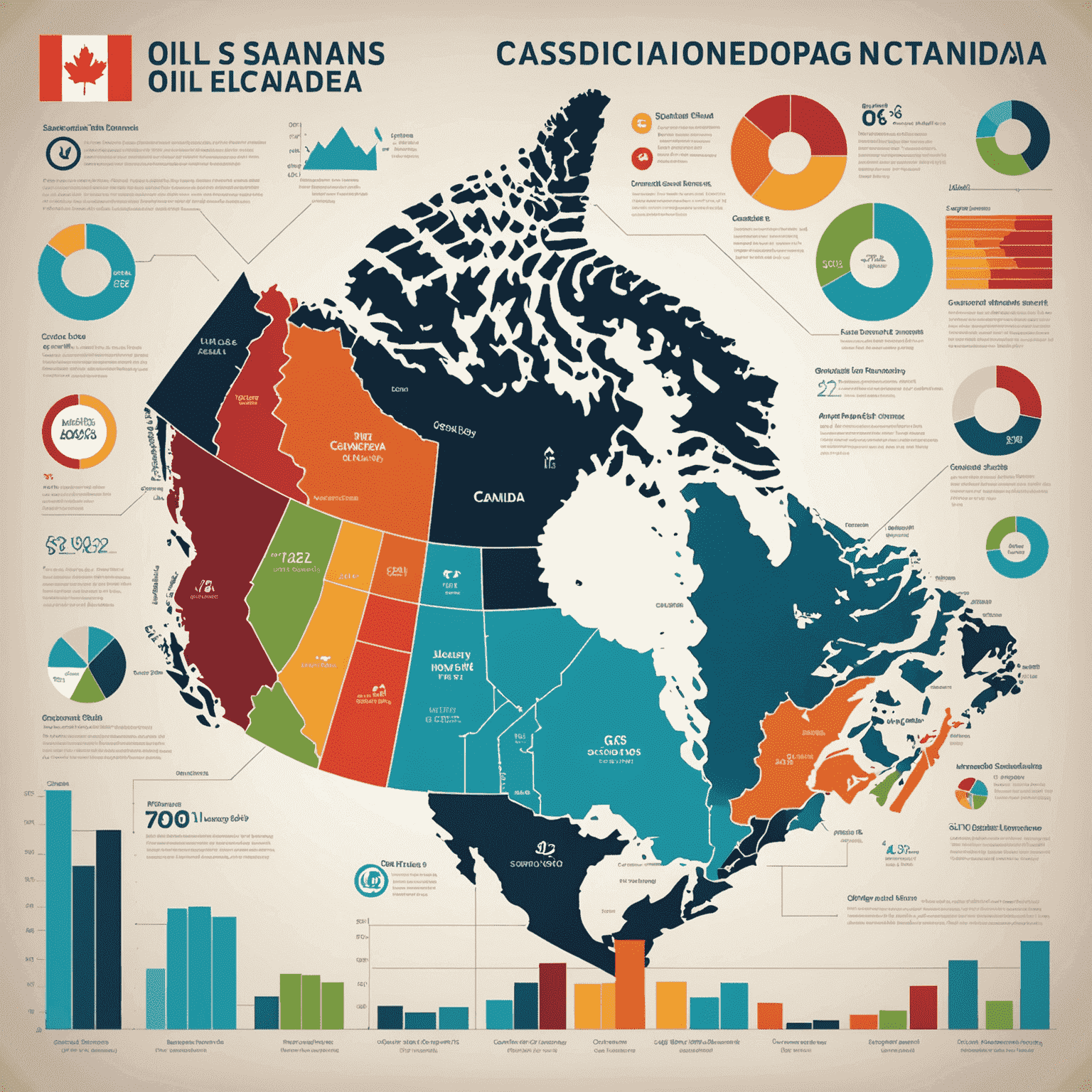 Infographic showing the economic impact of oil sands on Canada's GDP, job creation, and export revenues, with vibrant charts and icons representing various sectors of the economy