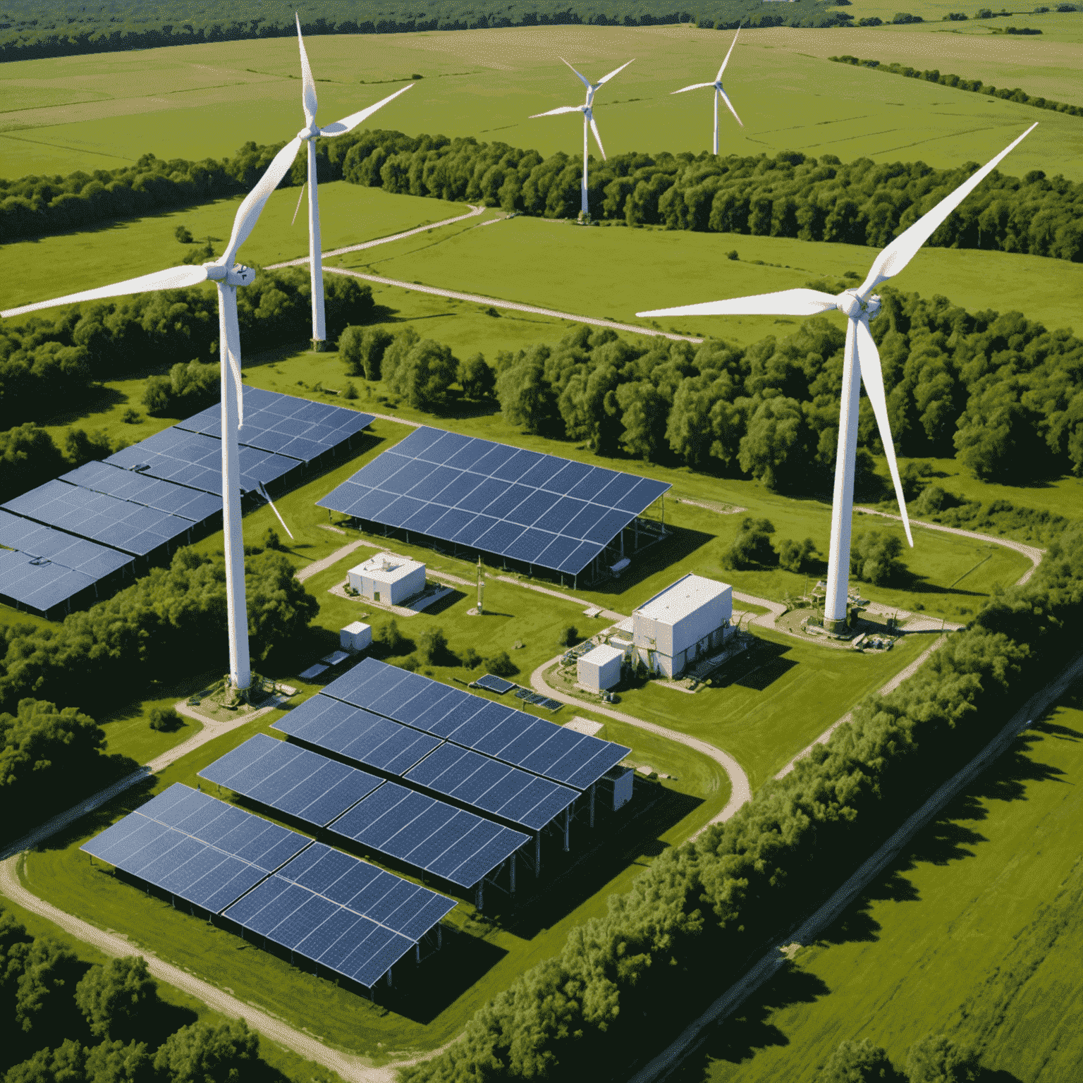 Split image showing an oil rig utilizing solar panels and wind turbines for power, juxtaposed with a reclaimed former extraction site now thriving with native vegetation