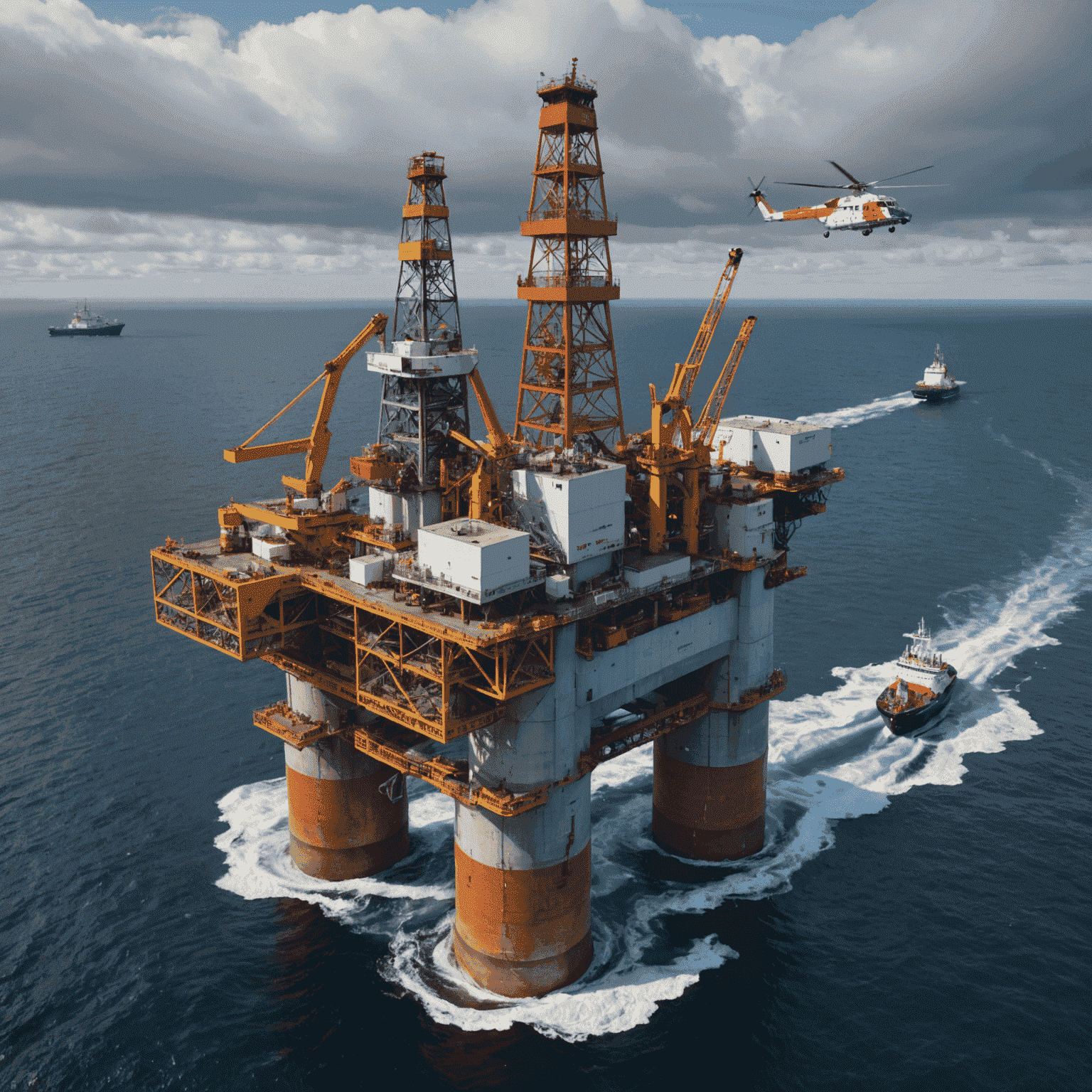 Offshore oil rig in the Atlantic Ocean near Newfoundland, with supply vessels and helicopters showcasing the scale and complexity of offshore operations