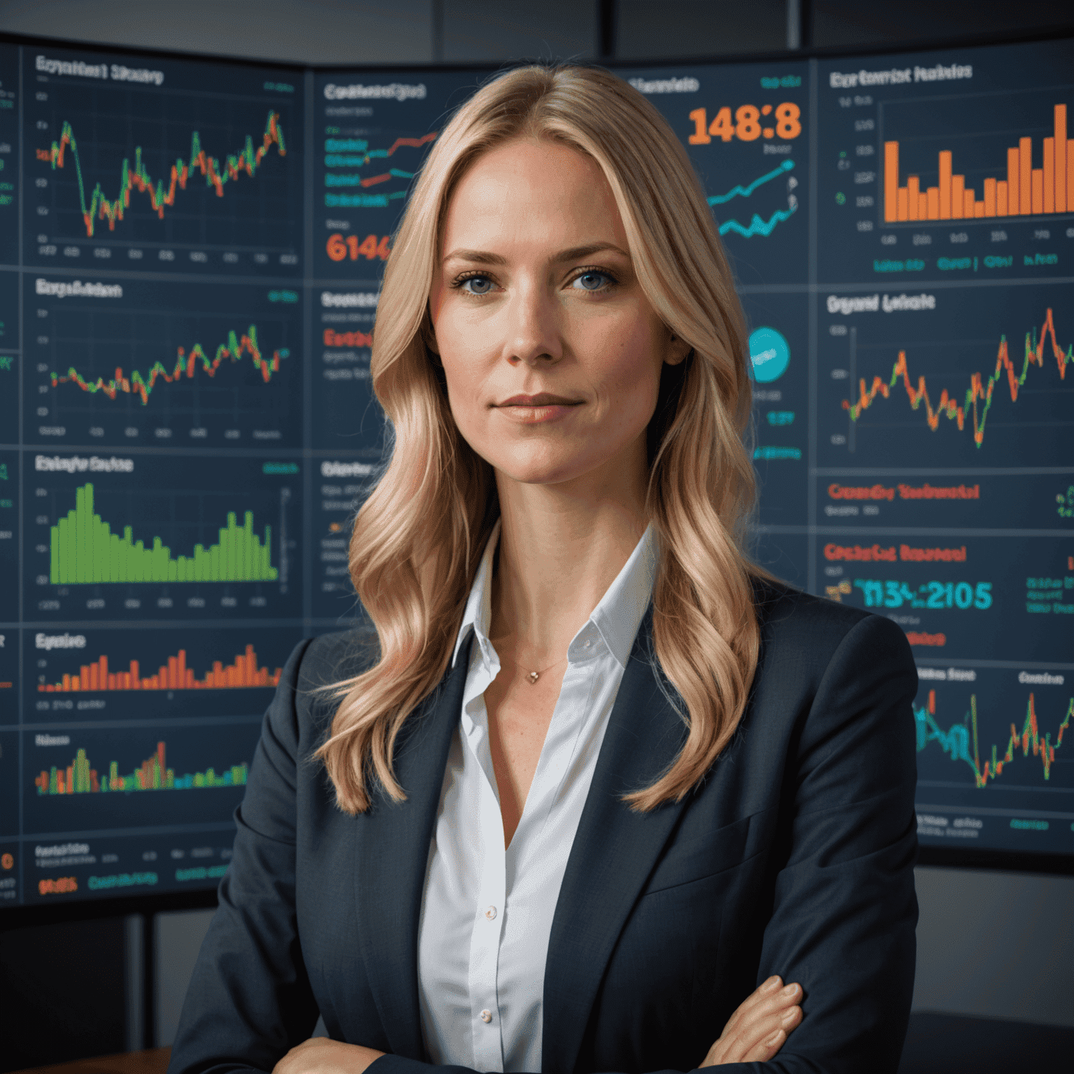 Portrait of Emily Larsson, an energy economist with long blonde hair, wearing a business suit and standing in front of economic charts and graphs