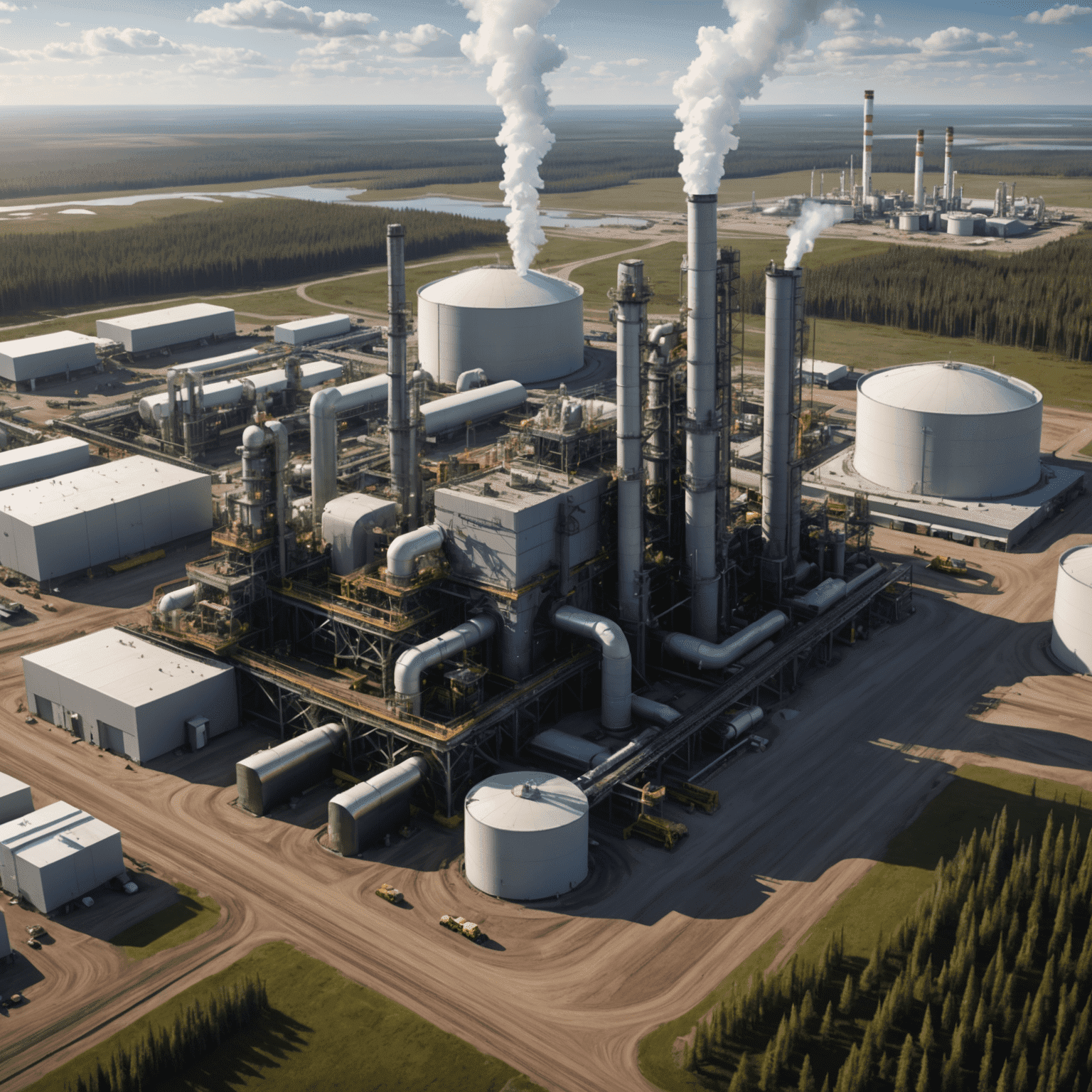 Futuristic rendering of an oil sands facility incorporating advanced clean technologies, such as carbon capture systems, renewable energy integration, and automated extraction processes