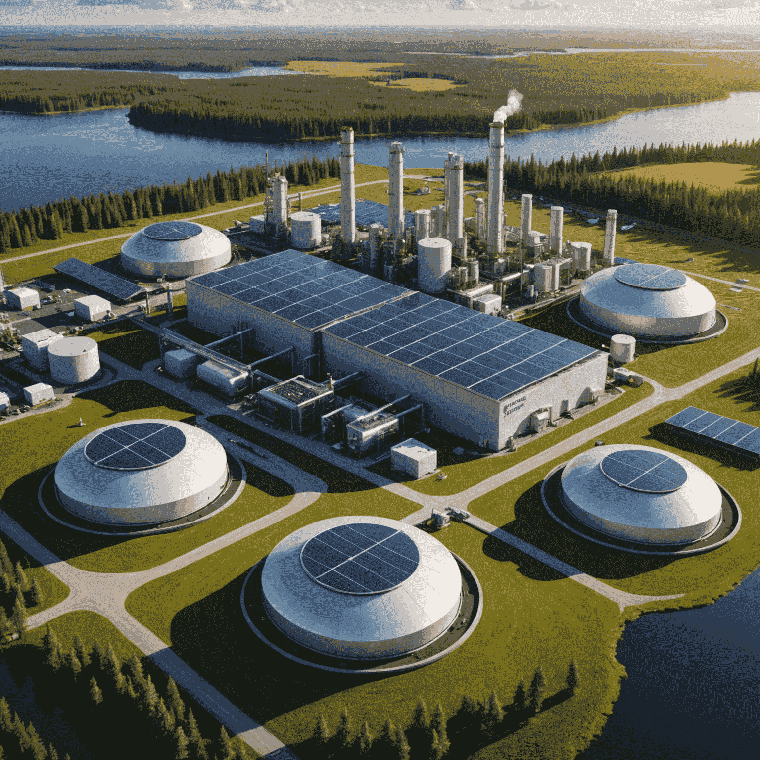 Futuristic rendering of a Canadian oil facility with advanced clean tech integration, solar panels, and carbon capture systems