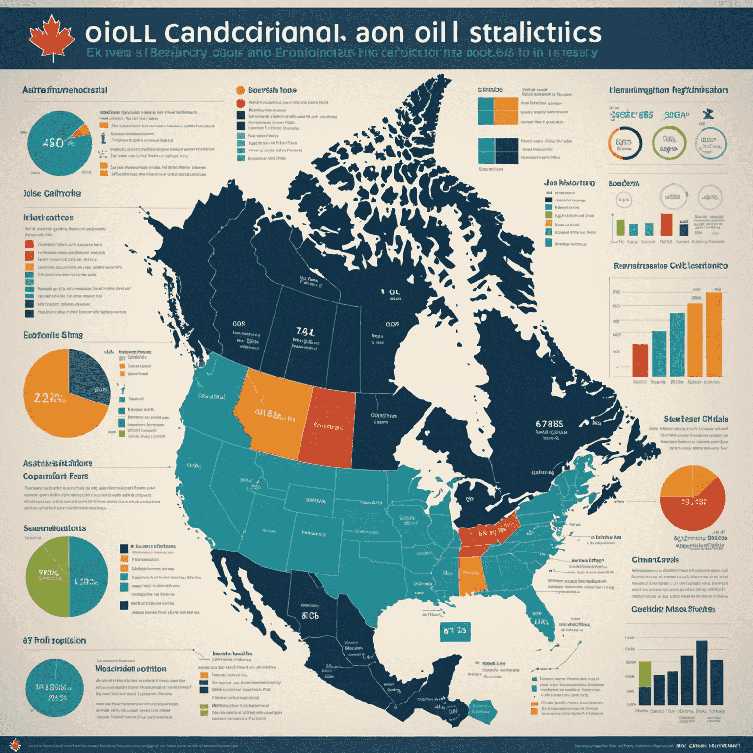 Infographic showing economic indicators and job statistics related to oil industry across Canadian provinces